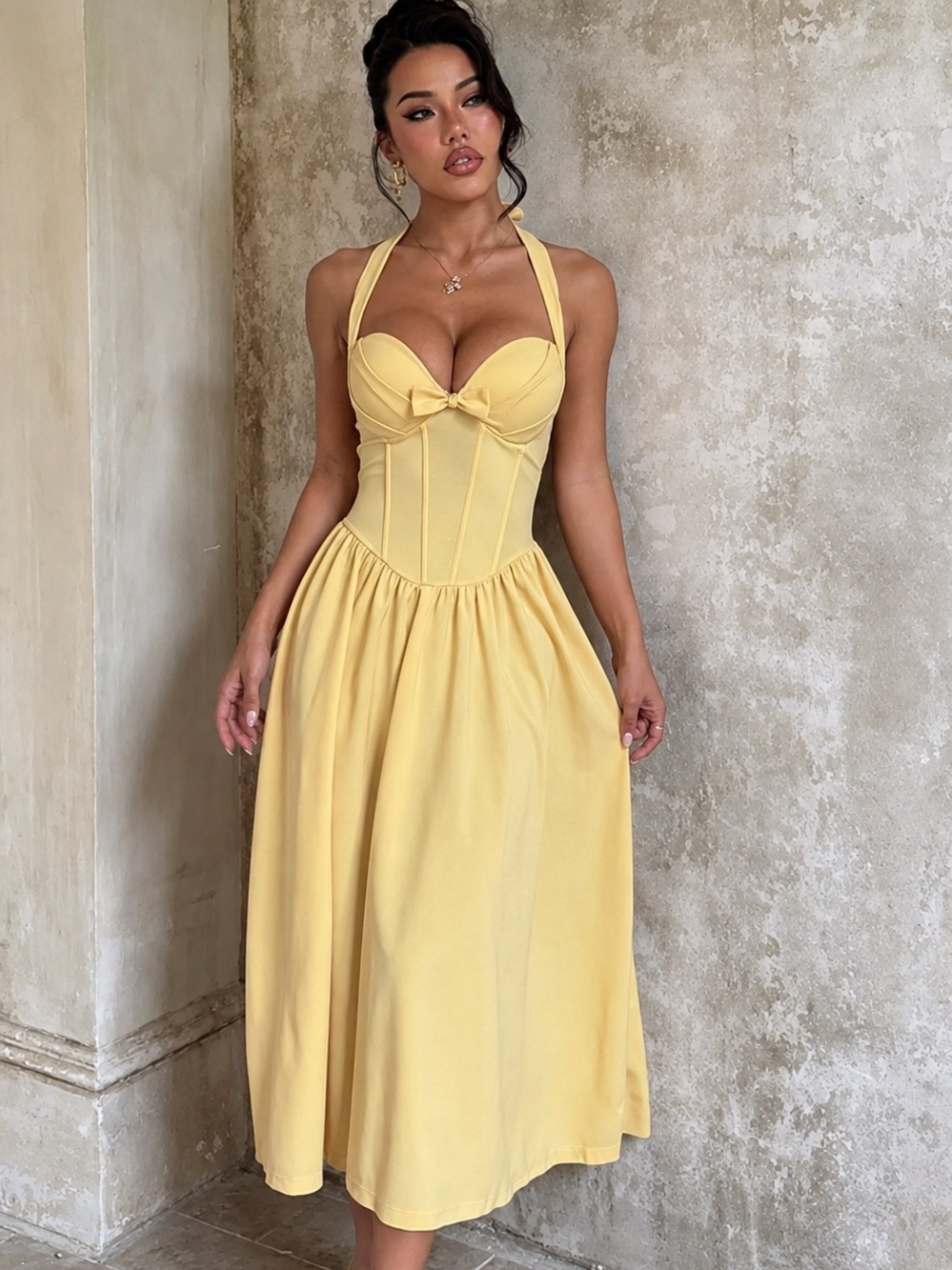 Ilya Costume Yellow Corset Halter Midi Dress Backless A Line Size S